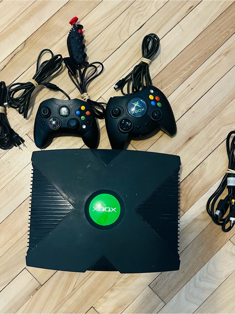 Microsoft Original Xbox Console with Black Controllers and Green Logo